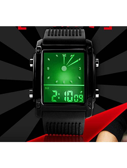 Men's Rectangle Dial Sports Wrist Watches with 7 Colors Optional LED Backlight Multifunctional Alarm Stopwatch 12/24H Rubber Strap Watch