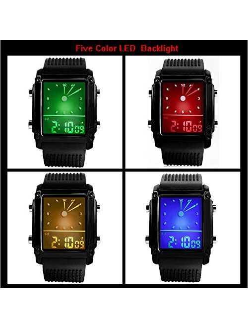 Men's Rectangle Dial Sports Wrist Watches with 7 Colors Optional LED Backlight Multifunctional Alarm Stopwatch 12/24H Rubber Strap Watch