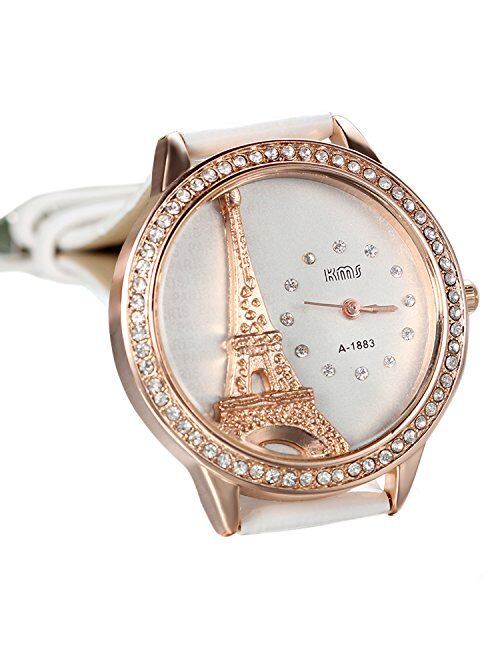 Avaner Elegant Bling Rhinestone Accented Eiffel Tower White Leather Analog Quartz Wrist Dress Watch for Girls Ladies Women