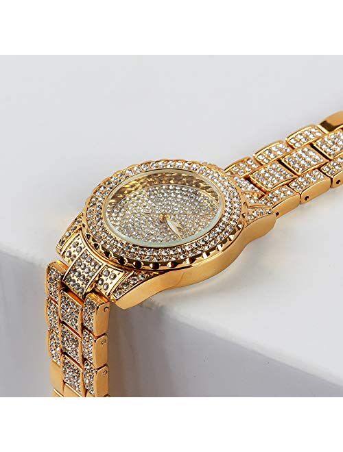 Smalody Round Luxury Women Watch Crystal Rhinestone Diamond Watches Stainless Steel Wristwatch Iced Out Watch with Japan Quartz Movement for Women | Simulated Lab Diamond