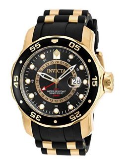 Men's Pro Diver Scuba GMT 48mm Gold Tone Stainless Steel Quartz Watch with Black Silicone Strap, Black (Model: 6991)