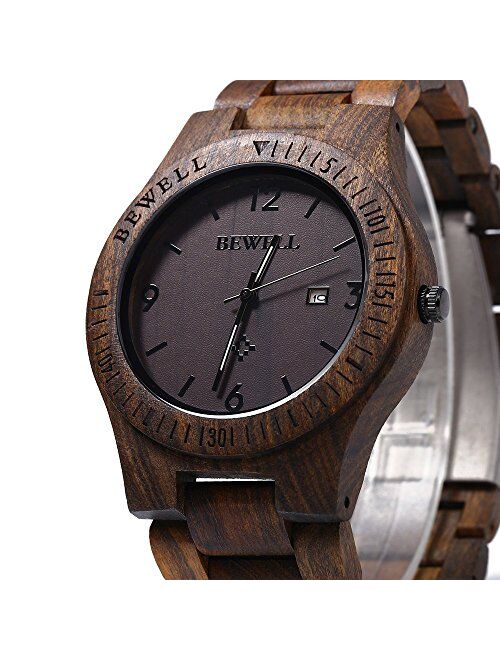Bewell ZS-W086B Mens Wooden Watch Lightweight Date Display Analog Quartz Movement Wristwatches