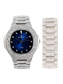 Blinged Out Oblong Case Metal Mens Watch w/Matching Blinged Out Bracelet Set - 8475BM