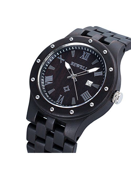 Bewell Men's Wooden Watches Handmade Date Display Analog Quartz Luminous Wristwatch