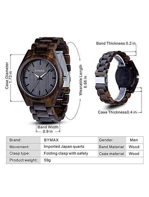 Men Wood Watch Quartz, BYMAX Fashion Handmade Wooden Wrist Watches Mens