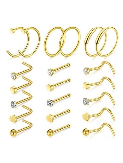 20G Nose Ring Hoop-14pcs-21pcs Nose Rings Studs Piercings Hoop Jewelry Stainless Steel Nose Rings