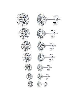 Tornito 7 Pairs 20G Stainless Steel Stud Earrings Round Cubic Zirconia Barbell Earring Set For Men Women 2MM-8MM Silver Tone