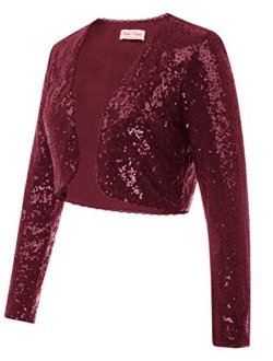 Women's Sequin Jacket Long Sleeve Open Front Glitter Cropped Blazer Bolero Shrug S-XXL