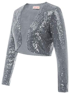 Women's Sequin Jacket Long Sleeve Open Front Glitter Cropped Blazer Bolero Shrug S-XXL
