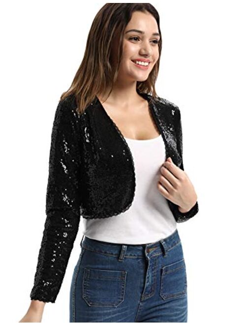 Belle Poque Women's Sequin Jacket Long Sleeve Open Front Glitter Cropped Blazer Bolero Shrug S-XXL