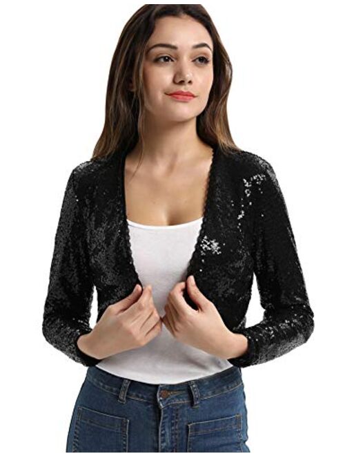 Belle Poque Women's Sequin Jacket Long Sleeve Open Front Glitter Cropped Blazer Bolero Shrug S-XXL