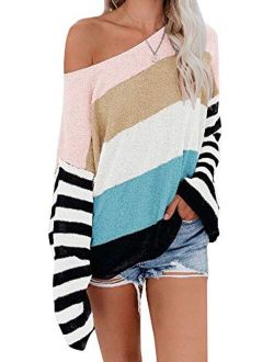 ETCYY NEW Womens Oversized Pullover Sweater Colorblock Rainbow Striped Casual Long Sleeve Loose Knitted Shirts Tops