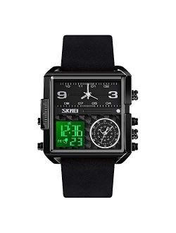 Men's Digital Sports Watch, LED Square Large Face Analog Quartz Wrist Watch with Multi-Time Zone Waterproof Stopwatch