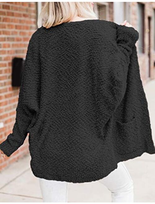 MEROKEETY Women's Fuzzy Popcorn Batwing Sleeve Cardigan Knit Oversized Sherpa Sweater Pockets Coat