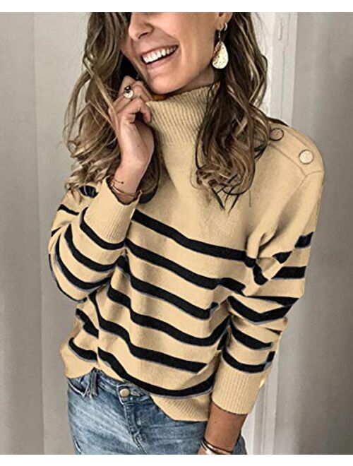 KIRUNDO 2020 Winter Womens Long Sleeves Knit Sweater Turtleneck Striped Print Loose Pullover Tops Deco with Metal Button