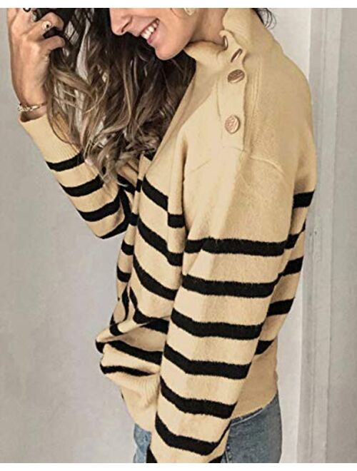 KIRUNDO 2020 Winter Womens Long Sleeves Knit Sweater Turtleneck Striped Print Loose Pullover Tops Deco with Metal Button