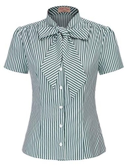 Summer Short Sleeve Office Button Down Blouse Stripe Shirt Tops with Bow Tie BP573