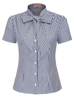 Summer Short Sleeve Office Button Down Blouse Stripe Shirt Tops with Bow Tie BP573