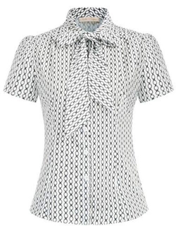 Summer Short Sleeve Office Button Down Blouse Stripe Shirt Tops with Bow Tie BP573