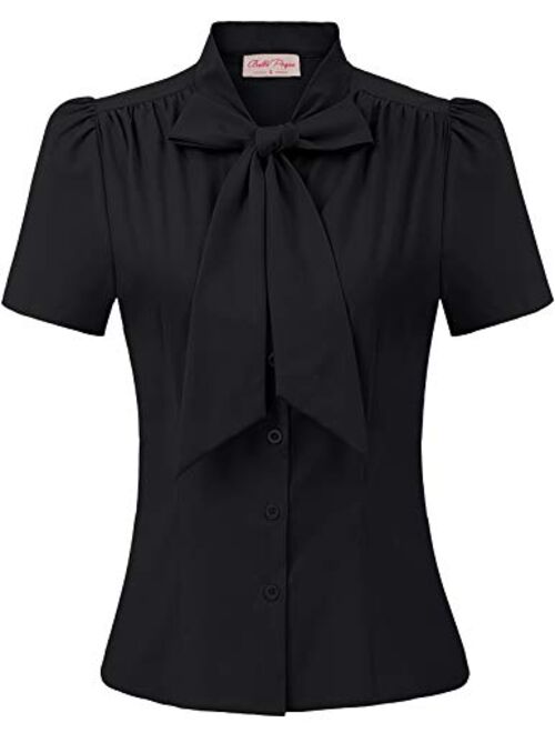 Belle Poque Summer Short Sleeve Office Button Down Blouse Stripe Shirt Tops with Bow Tie BP573