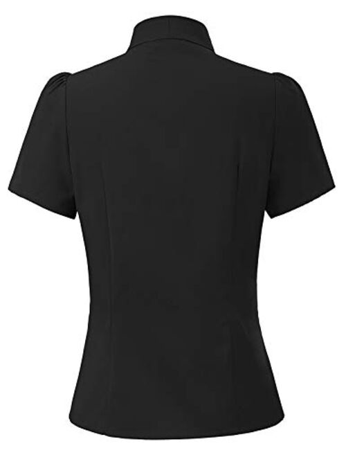 Belle Poque Summer Short Sleeve Office Button Down Blouse Stripe Shirt Tops with Bow Tie BP573