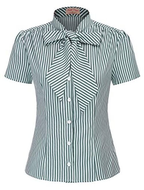 Belle Poque Summer Short Sleeve Office Button Down Blouse Stripe Shirt Tops with Bow Tie BP573
