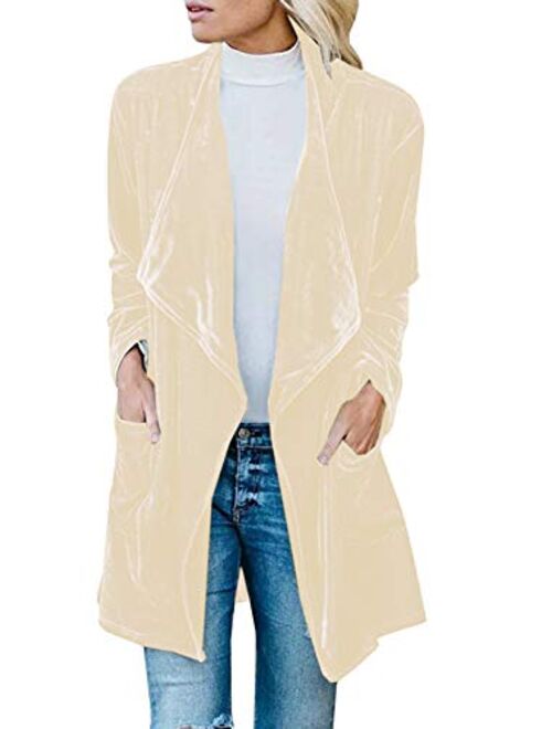 futurino Women's Solid Long Sleeve Velvet Jacket Open Front Cardigan Coat with Pockets Outerwear