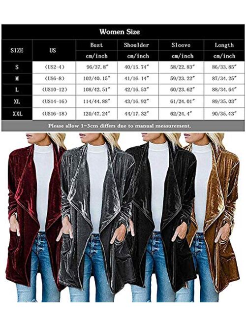 futurino Women's Solid Long Sleeve Velvet Jacket Open Front Cardigan Coat with Pockets Outerwear