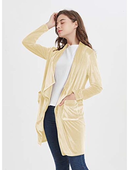 futurino Women's Solid Long Sleeve Velvet Jacket Open Front Cardigan Coat with Pockets Outerwear