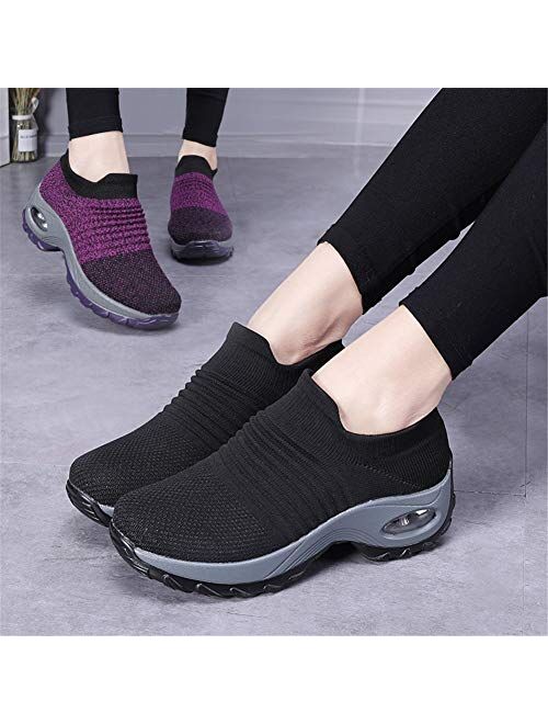 suonabeier Womens Comfortable Walking Shoes Breathable Mesh Slip On Air Cushion Tennis Sock Sneakers Casual Running Shoes Wedge Platform Loafers