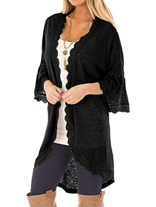 Spadehill Womens 3/4 Bell Sleeve Kimono Cardigan with Sheer Lace Details