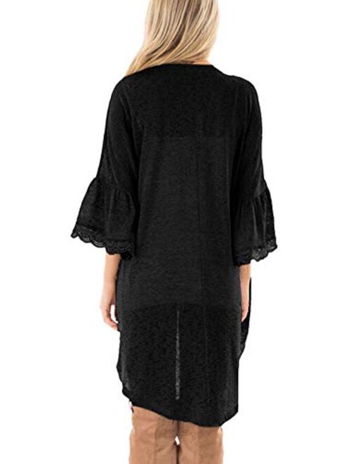 Spadehill Womens 3/4 Bell Sleeve Kimono Cardigan with Sheer Lace Details