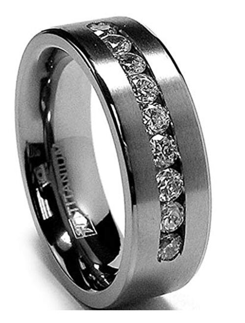 8 MM Men's Titanium Ring Wedding Band with 9 Large Channel Set Cubic Zirconia CZ Sizes 6 to 15