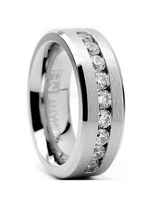 8 MM Men's Titanium Ring Wedding Band with 9 Large Channel Set Cubic Zirconia CZ Sizes 6 to 15
