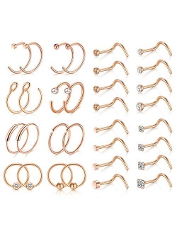 18G Nose Rings Hoop Stainless Steel L-Shaped Nose Rings Studs Screw Clear Clicker Retainer Tragus Cartilage Helix Earrings Piercing Hoop 32pcs
