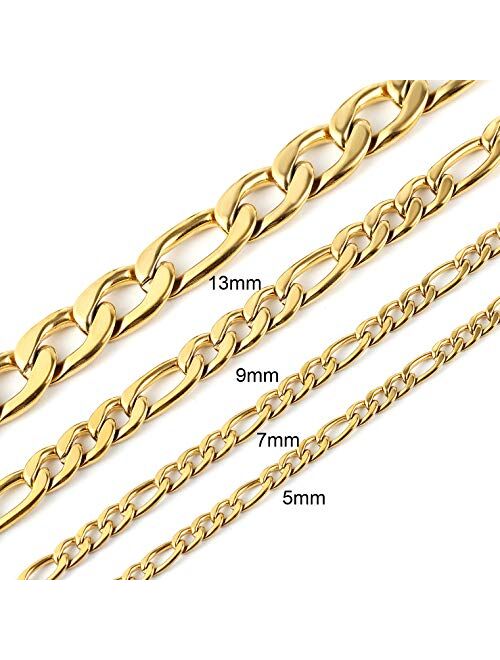 HZMAN Men Women 24k Real Gold Plated Figaro Chain Stainless Steel Necklace, Wide 5mm 7mm 9mm 13mm