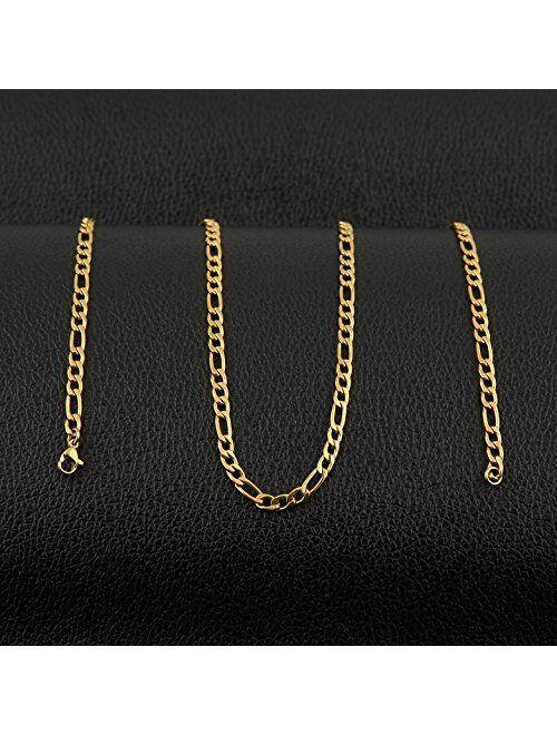 HZMAN Men Women 24k Real Gold Plated Figaro Chain Stainless Steel Necklace, Wide 5mm 7mm 9mm 13mm