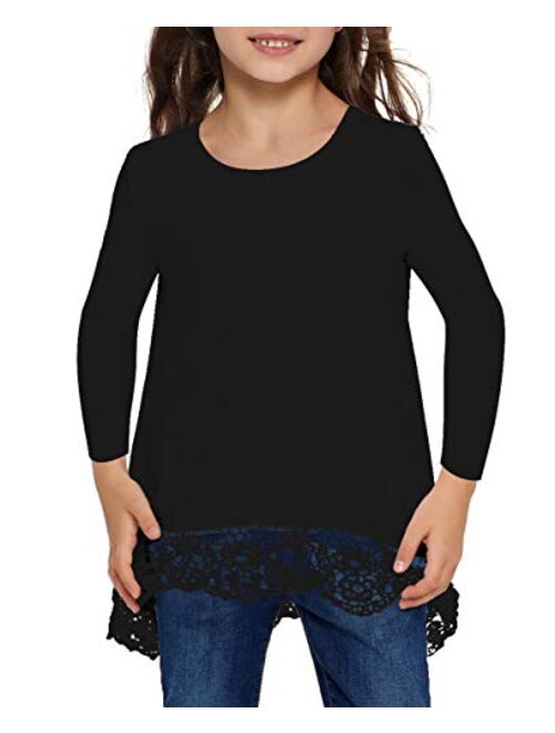 QUEEN PLUS Short/Long Sleeve Blouse for Girls Lace Round Neck Tops Casual Tee Shirts