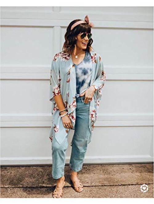 Zexxxy Women Floral Kimono Robe Sheer Chiffon Cardigan 3/4 Sleeve Cover Up Long Blouse Outwear