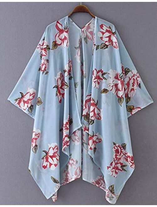 Zexxxy Women Floral Kimono Robe Sheer Chiffon Cardigan 3/4 Sleeve Cover Up Long Blouse Outwear