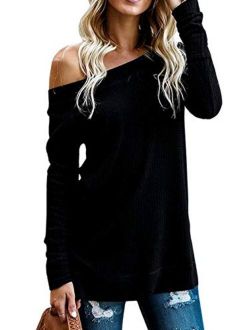Kaei&Shi Side Silt One Shoulder,Slouchy Long Sweatshirt,Loose Pullover,Off Shoulder Tops for Women,Knitted Sweater