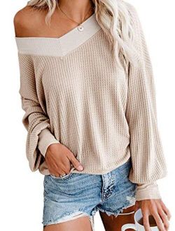 Dressmine Women's V Neck Long Sleeve Shirts Waffle Knit Off Shoulder Tops Oversized Pullover Sweaters
