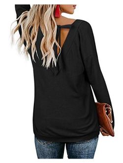 OUGES Womens Tie Back Knit Tops V Neck Long Sleeve Casual Sweater Pullover