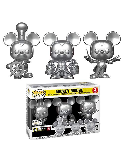 Funko Pop! 3 Pack & Tee: Disney - Mickey's 90th T-Shirt & Silver Steamboat Willie, Conductor, & Apprentice, Size Medium, Multicolor