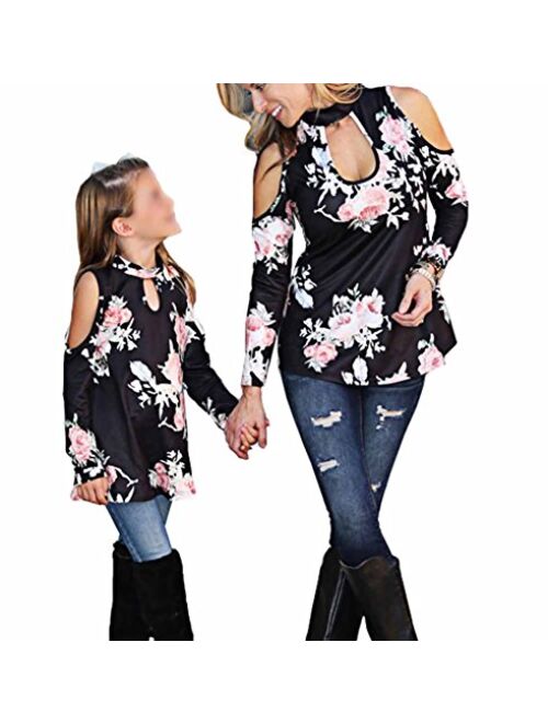 Mommy & Me Floral Cold Off Shoulder Choker Long Sleeve Top Tshirt