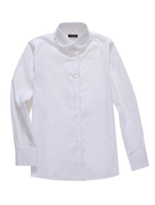 AOLIWEN Girls Long Sleeve Ruffle Shirts School Uniform Blouse Slim Fit Shirt