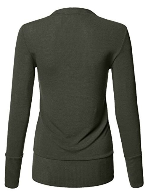 Luna Flower Women's V-Neck Snap Button Long Sleeve Soft Basic Knit Snap Cardigan Sweater