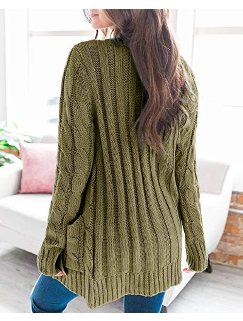 Imily Bela Womens Cable Knit Button Down Cardigan Sweaters Open Front Long Sleeve Knitwear Coat with Pockets