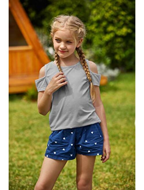 Arshiner 3 Pack Girls Crew Neck Tee Casual Cotton Short-Sleeve T-Shirt Tops with Cold Shoulder