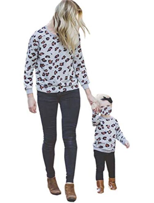 Mommy and Me Clothes Leopard Print Short Bell Sleeve Blouse Top Family Matching Round Neck Casual T-Shirt Top